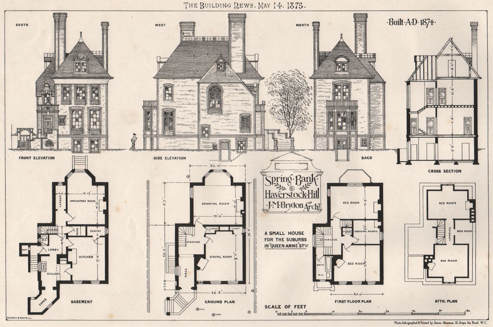 Spring Bank, Haverstock Hill; J.M. Brydon, Architect. London (2) 1875 print